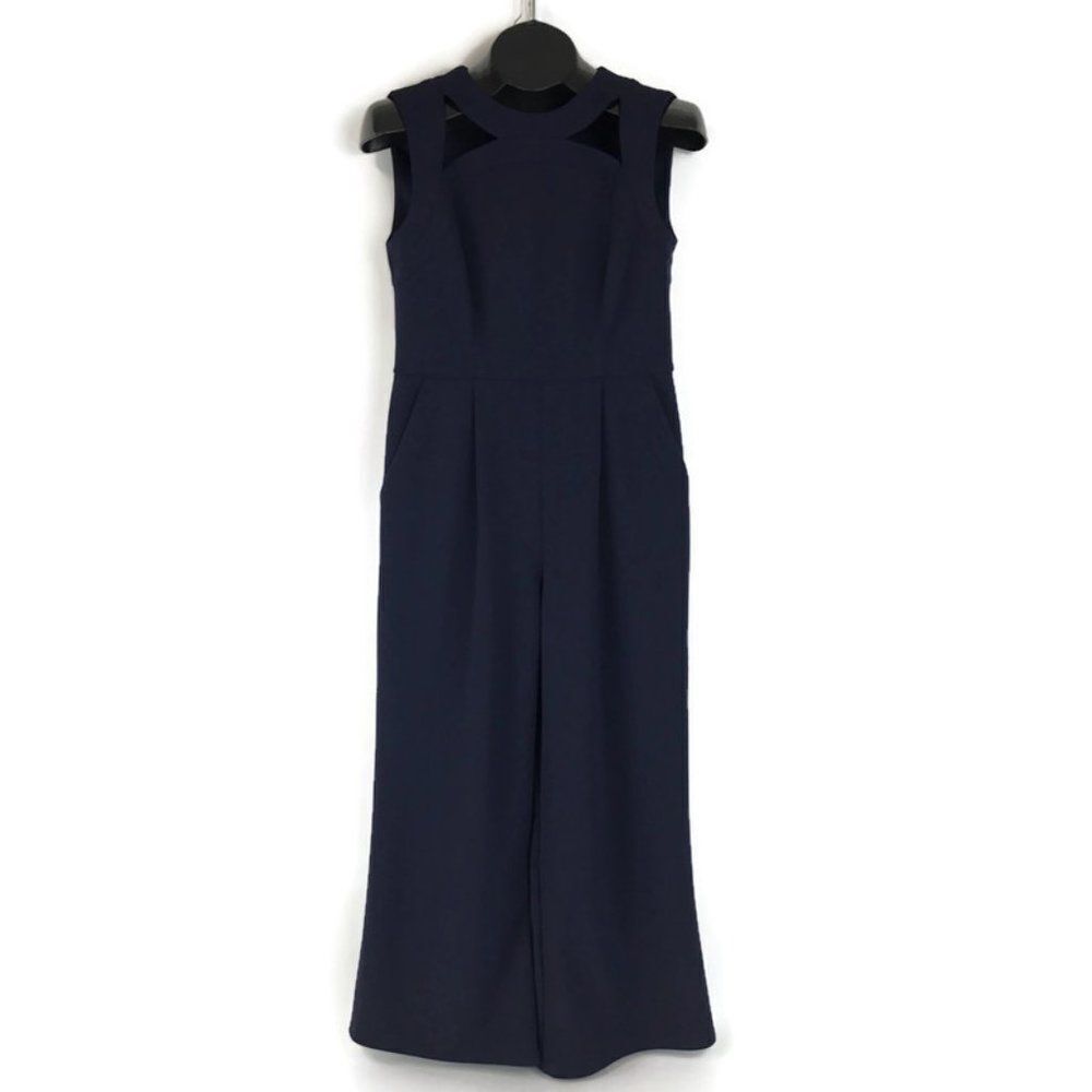 Calvin Klein Wide Leg Jumpsuit Women's Size 6 Blue Cutouts Pockets Sleeveless